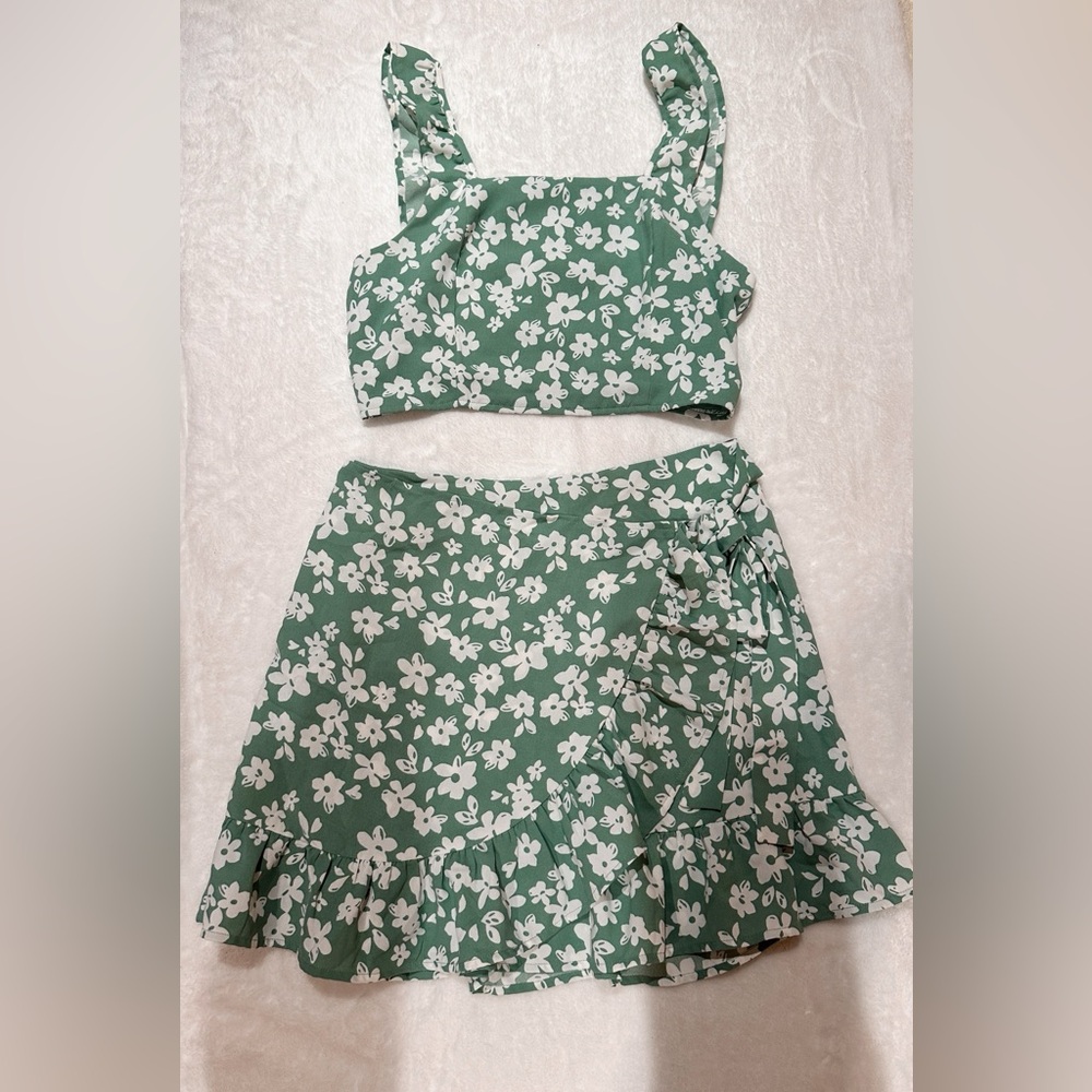 Pink Lily Green Floral Skirt & Tank Matching Set